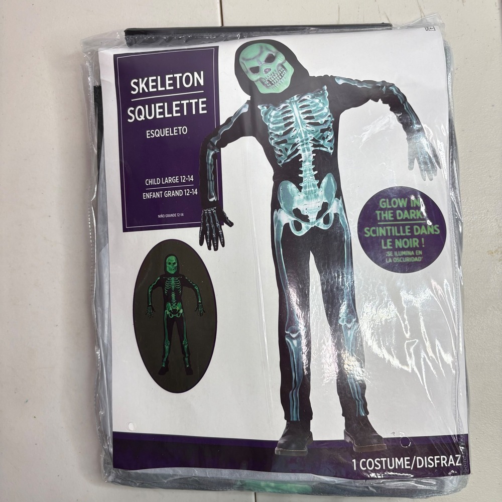 NWT kids Skeleton Costume Glow in the Dark Halloween Jumpsuit Child Large 12 14
